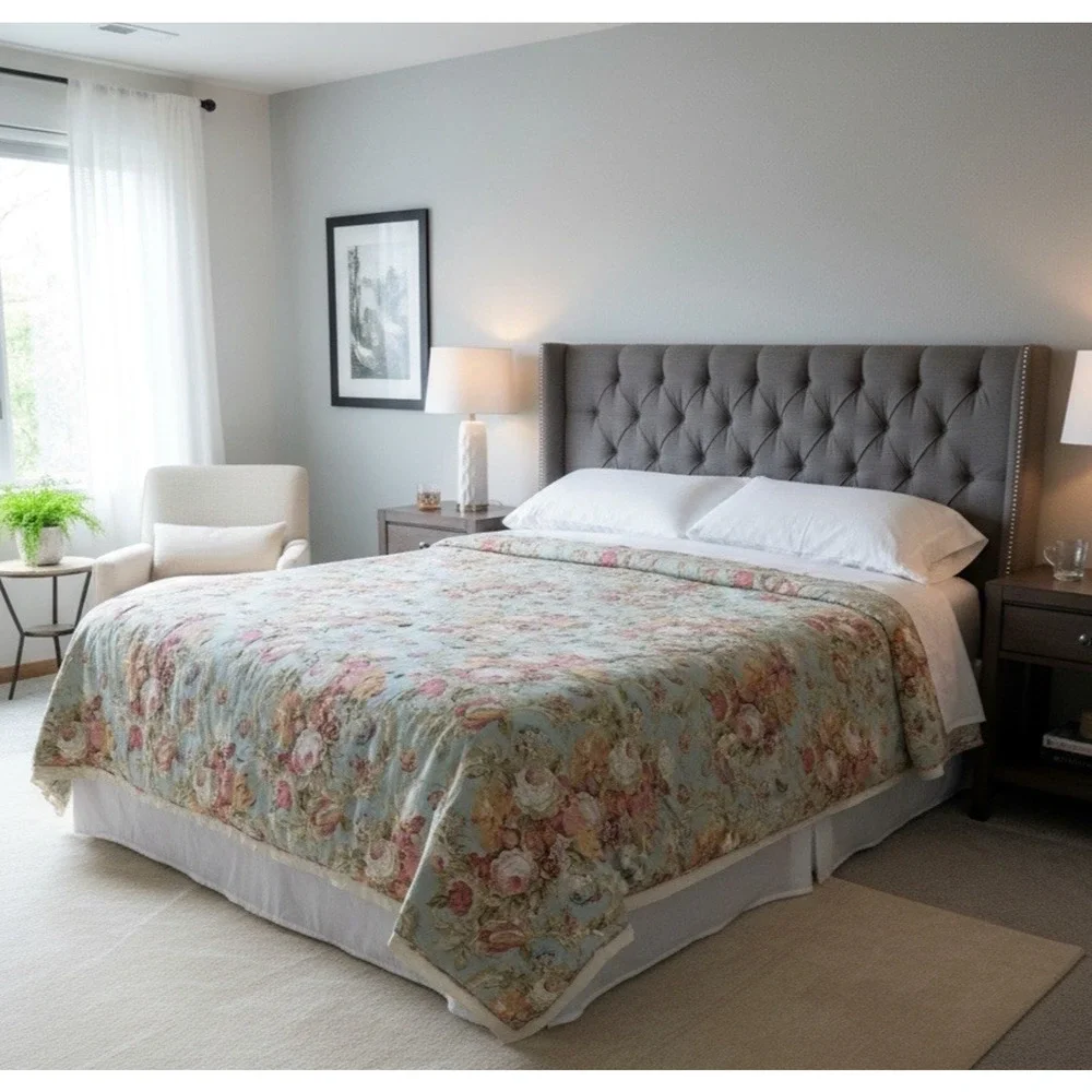 Waverly Linen Blend Reversible Comforter Floral Striped Full/Queen Sage Tones